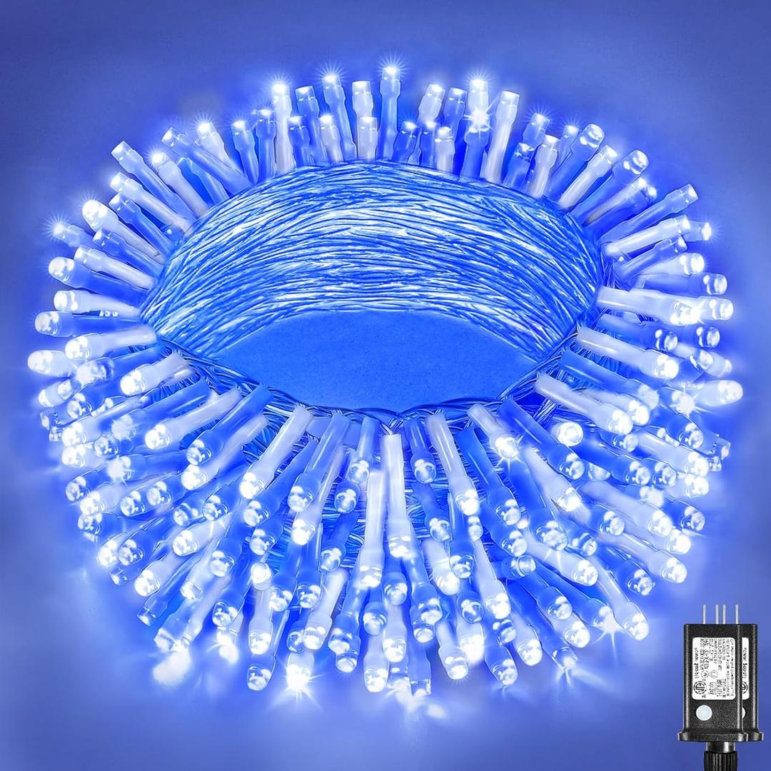 Vivideal 300 LED Christmas Lights Outdoor, 100ft Christmas String Lights 8 Modes Plug in Waterproof Fairy Lights with Timer Memory for Indoor Outside Bedroom Home Party Decoration, Blue&White