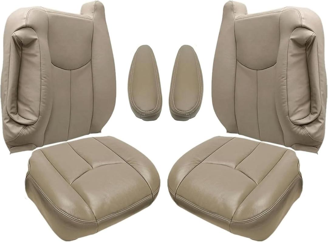GXARTS Med Tan Driver and Passenger Side Bottom & Top Lean Back Replacement Leather Seat Cover & Armrest Seat Cover #522/52i Fit For Chevy Silverado Tahoe Suburban Avalanche GMC Sierra Yukon 2003-2007