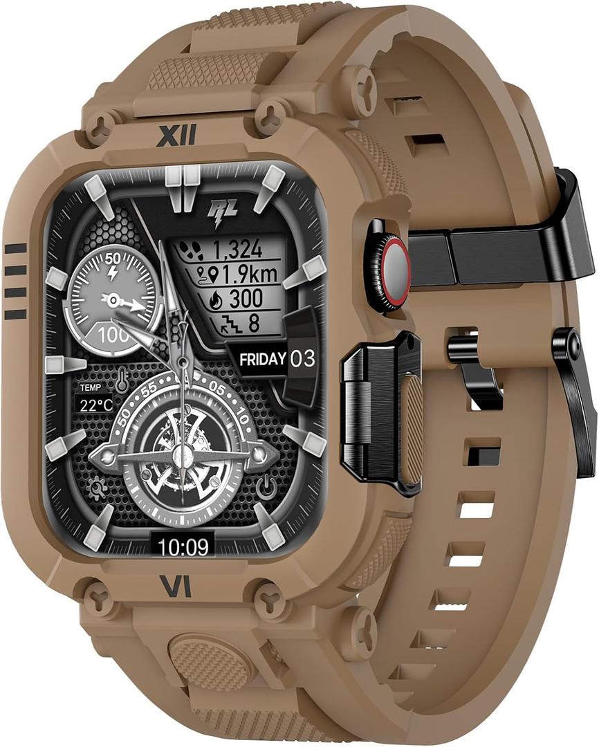 4 x XYF Sport Smartwatch Cases with Band for Men, Rugged Shockproof Protective Metal Bumper Case, Compatible with Apple Watch 45mm 44mm Series 9/8/7/6/5/4/SE 3/2/1 Wristband (44/45mm, Desert Tan)