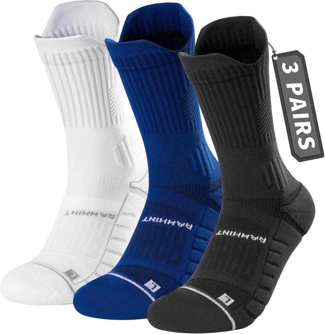 Compression Running Socks 3 Pairs, Cushion Crew Socks, Anti-Blister Moisture Wicking Athletic Hiking Basketball Socks, Size 9-13