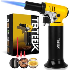 TBTeek Butane Torch with Fuel Gauge T907, One-hand Operation Kitchen Torch Lighter with Adjustable Flame for BBQ, Baking, Brulee Creme, Crafts and Soldering(Butane Gas Not Included) (Yellow-black)