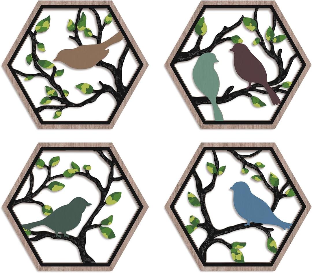 CHDITB 4Pcs Wooden Bird on Birch Tree Branch Wall Art, Boho Modern Green Leaves Silhouette Bird Laser Cut Artwork, Rustic Farmhouse Nature Wall Hanging Decoration for Living Room Bedroom(11"x 10")