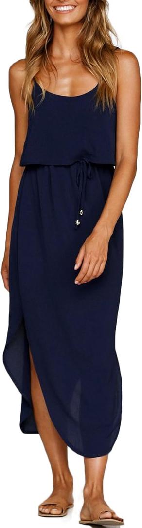 Women's Adjustable Strappy Split Summer Beach Casual Midi Dress (X-Large, Navy)