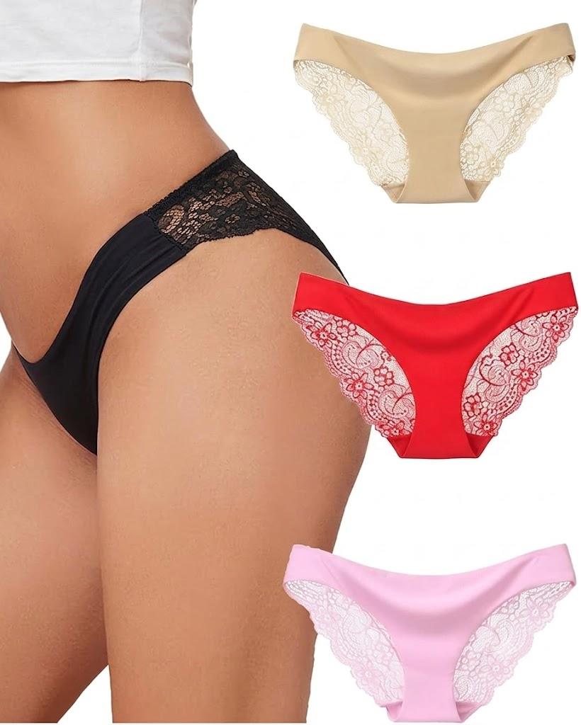 Womens Sexy Thongs Lace Panties Underwear Low Rise Plus Size Underpants Pack of 3, Ivory, Red, Pink (M)
