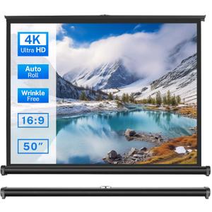 50 inch Small Projector Screen, Goldengrainv Retractable Pull Up Screen, Floor Projector Screen, 16:9 4K Portable Screen for Projector, Roll Down Movie Screen for Gaming Indoor, Mini White Screen