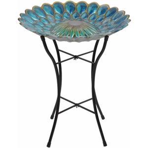 Peaktop Handpainted Mosaic Fusion Glass Solar Birdbath Bowl Feeder with LED Light for Outdoor Patio Garden Backyard Decking, 21 Inch Height, Blue