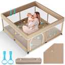 Omzer Baby Playpen with Mat 50x50inch: Large Playpen for Babies and Toddlers Indoor Safety Play Pen with Soft Breathable Mesh - All-Wrapped Sponge Sturdy Play Yard with Stable Mat Magic Sticker Beige