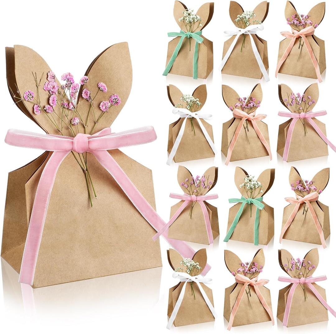 Affrolling 24 Set Boho Bow Easter Bunny Party Favor Bags DIY Bunny Gift Boxes with Neutral Bow Ribbon and Artificial Flowers Rustic Paper Rabbit Ears Treat Bags Bulk for Easter Farmhouse Spring