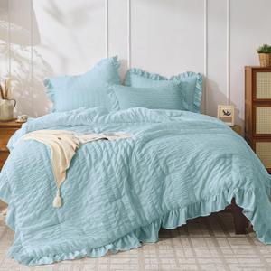 JOLLYVOGUE Light Blue King Size Comforter Set, 3 Pieces Seersucker Comforter King Size, Lightweight & Fluffy Bedding Sets for All Season with 1 Ruffle Comforter and 2 Ruffle Pillowshams