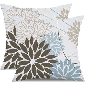DFXSZ Brown Blue Flower Pillow Covers 20x20 Inch Set of 2 Summer Outdoor Waterproof Decor for Home Patio Funiture Garden Living Room Modern Art Floral Polyester Square Cushion Cover 01F20