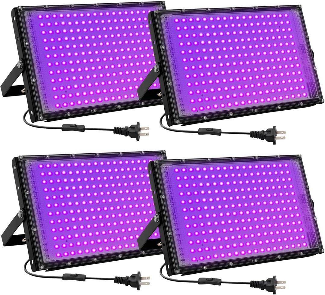200W LED Black Lights for Glow Party - Waygor IP65 Waterproof UV Blacklight Floodlight 395nm Black Light Spotlight Purple Black light Flood Light Fluorescent UV Light Lamp for Halloween Decor (4 Pack)