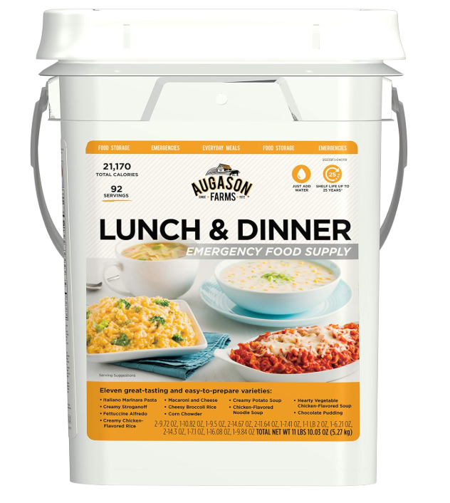 AUGASON FARMS Emergency Food Supply Bucket, 92 Servings, Dehydrated Meal Kit, Variety Pail, Long Shelf Life Just-Add-Water Meals for Disaster Survival Prep, Camping, Hiking, and More, BBD 01/24/2035