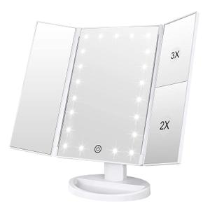 WEILY Makeup Mirror with 21 LED Lights,Two Power Supply Modes, Adjustable Touch Screen and 1x/2x/3x Magnification Tri-Fold Vanity Mirror,Chargeable Travel Cosmetic Mirror for Desktop(White)