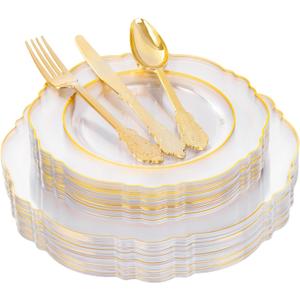 YOUBET 125PCS Thanksgiving Plastic Plates - Clear Gold Disposable Plates - 25 Guests Baroque Plastic Dinnerware Includes 25Dinner Plates, 25Dessert Plate, 75Silverware for Party & Wedding
