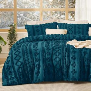 Bedsure Tufted Boho Comforter Set Queen Size - Teal Boho Bed Set, GentleSoft 3 Pieces Farmhouse Shabby Chic Embroidery Bedding, Gifts for Woman, Soft Jacquard Queen Comforter for All Seasons (16 - Teal - Elegant)