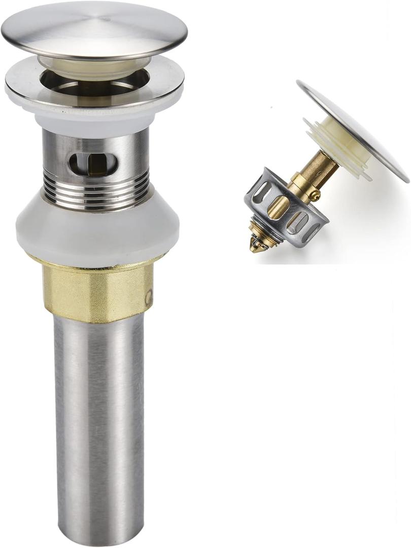 Bathroom Sink Drain, Drain Stopper Bathroom Sink with Overflow, Pop Up Drain Assembly with Detachable Strainer Basket, Built-in Anti-Clogging Strainer, Stainless Steel Brushed Nickel