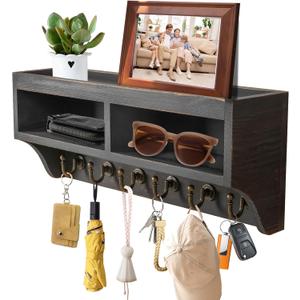 Key Holder Wall Mount - Mail Organizer Wall Mount with 6 Key Hooks and Storage Box for Sunglasses Storage and Dog Leash Holder Home Decor Rack Apartment Farmhouse Shelf Entryway Organizer (Black)