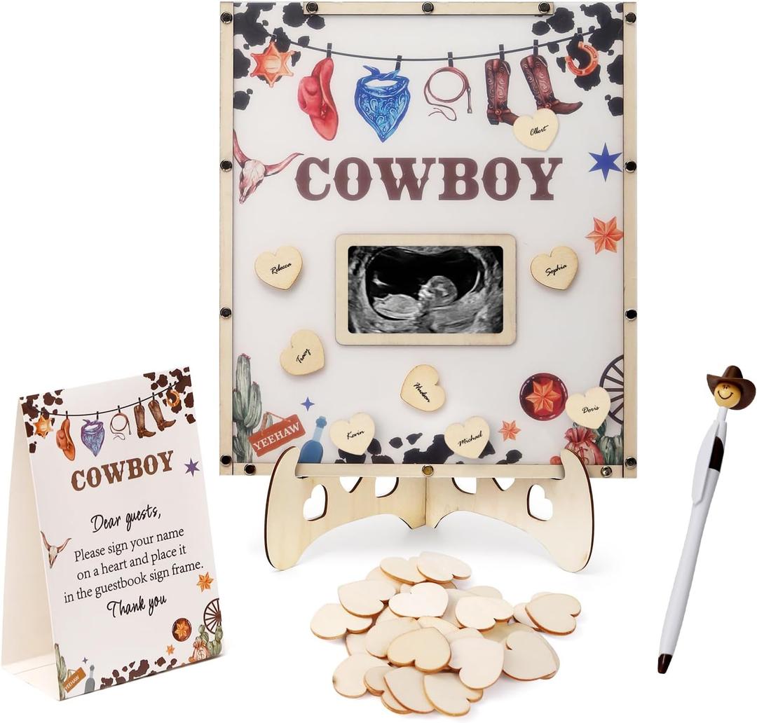 Cowboy Baby Shower Decorations,Western Baby Shower Guest Book Alternatives with Cowboy Pen,60 Heart Wood Slices for 60 Guests,My First Rodeo Birthday Party Decorations Boy or Gir