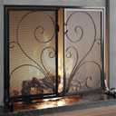 Flat Fireplace Screen with Doors,Solid Wrought Iron Frame with Metal Mesh, Flat Panel Decorative Fireplace Screen with Scroll Design, Free Standing Spark Guard