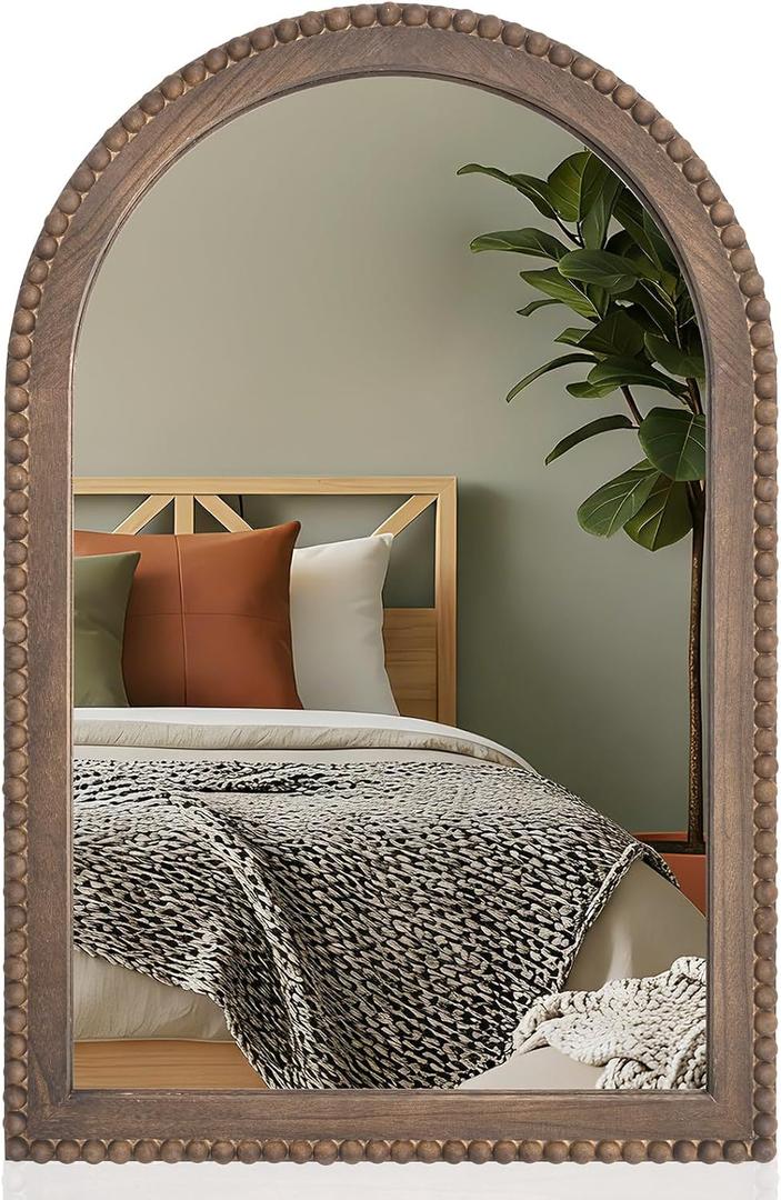 Vercraft 30"x20" Arched Wall Mirror with Wooden Beaded Frame, Rustic Brown