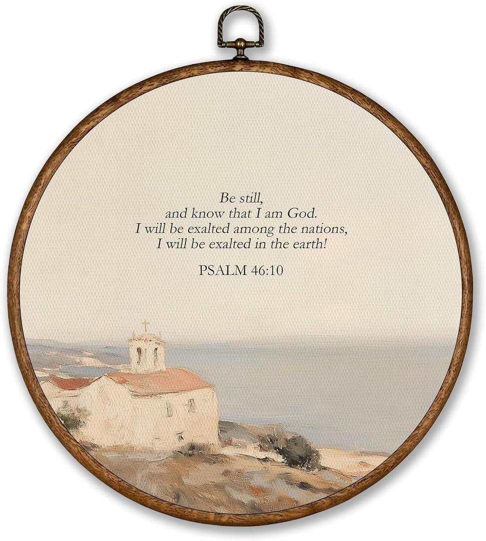 Voxitura Vintage Coastal Christian Wall Art Round Framed, Scripture Be Still Wall Decor Canvas Hanging Beachy Living Room, Landscape European Sea Prints Artwork Decorations for Bedroom Dorm 10x10in