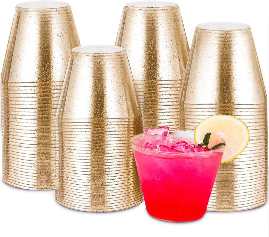 Tobvory 100 Pack Gold Plastic Cups - 9 oz Hard Gold Cups, Premium Disposable Cups For Cocktail And Drinking - Food Grade Party Cups Set - Sturdy Plastic Tumbler Cups For Parties - Gold Glitter