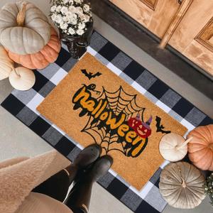 Halloween Front Door Mat Combo Set, Spider Web Coco Coir Welcome Doormat -28" x 43" Black and White Plaid Rug, Autumn Fall Front Porch Entryway Decor Floor Mat