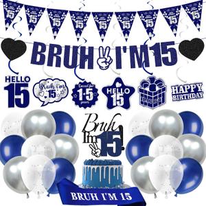 15th Birthday Decorations Banner Boys - 28 Pcs Blue Bruh I'M 15 Pre-Strung Banners Hanging Swirls Latex Balloons Sash Cake Topper Set for 15 Year Old Boy Party Decor Supplies