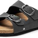 FITORY Womens Flat Sandals with Cork Footbed, Open Toe Slides Adjustable Slip On Slippers for Summer Black Size 9