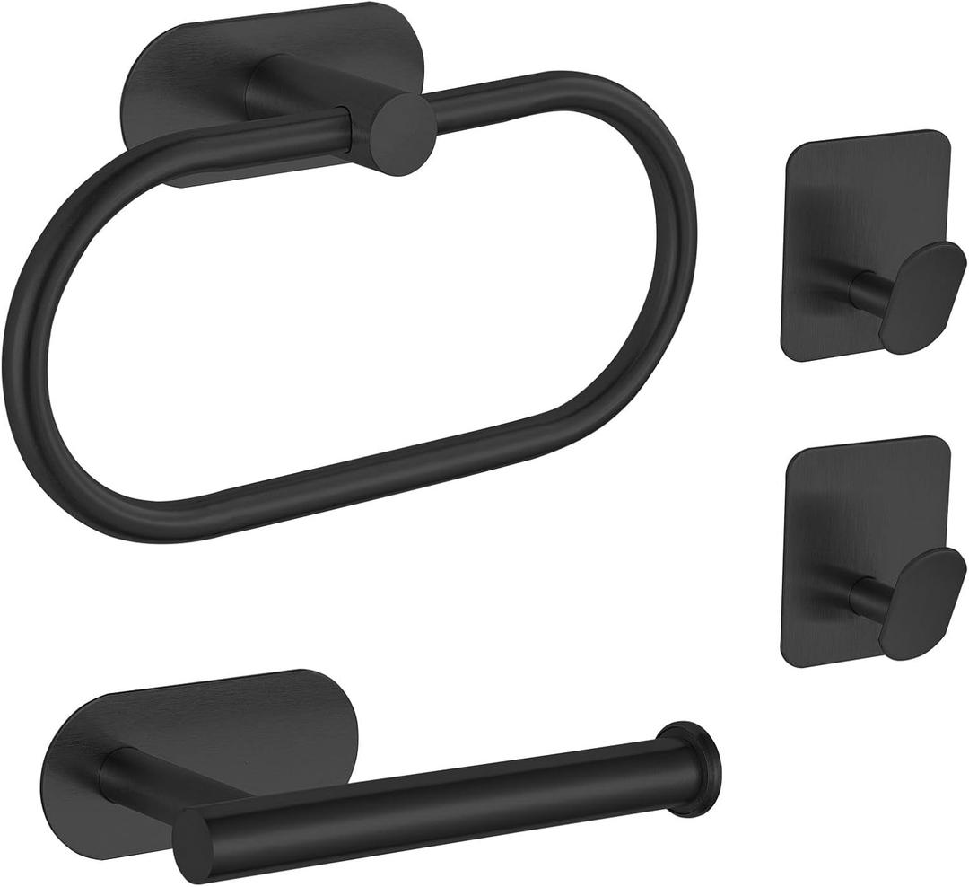 Self-Adhesive Bathroom Hardware Set, Towel Ring, Toilet Paper Holder and 2 Towel Hooks for Kitchen/Bathroom, No-Drilling Stainless Steel Bathroom Accessories, Wall Mounted, Black
