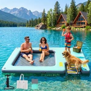 Inflatable Floating Dock with Dog Ramp, Large Floating Island Platform for Adults and Pets, Mesh Water Hammock with Non-Slip Steps, Heavy-Duty Floating Dock for Lake, Pool, River and Ocean