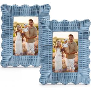 Novabright Set of 2 Handmade Blue Rattan Picture Frames 4'' x 6'' Wavy Edge Boho Photo Frame for Nautical Beach Themed Home Room Office Desk Display Coastal Decoration