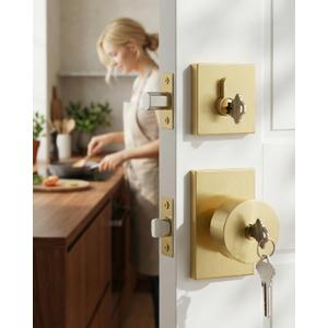 Haidms Gold Exterior Door Lock Set with Deadbolt, Zinc Alloy Brushed Gold Front Door Knob with Lock, Heavy Duty Brushed Brass Deadbolt Lock and Door Knob Set with Lock and Key (1 Pack)