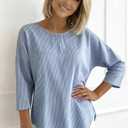 Women's 2026 Summer 3/4 Sleeve Tops Casual Striped T Shirts Crewneck Loose Office Work Shirts Cotton Blouses (Blue, XL)