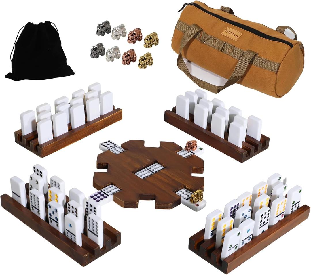 Mexican Train Dominoes 4 Woodentile Rack Set with Wooden 1 Canvas Storage Bag 91 Domino Tile Board Games Includes Metal Train Markers Color Dot Double Twelve Set with for Family Game Night