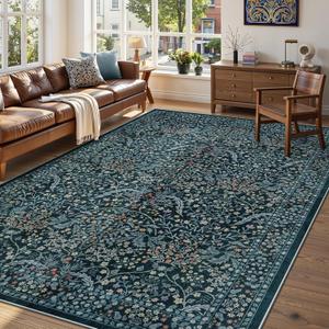LIVEBOX Floral Washable Area Rug 8x10 Rugs for Living Room Bedroom, Blue Non-Slip Boho Rugs for Dining Room Office, Soft Large Forest Low-Pile Farmhouse Throw Carpets for Kids Nursery Playroom
