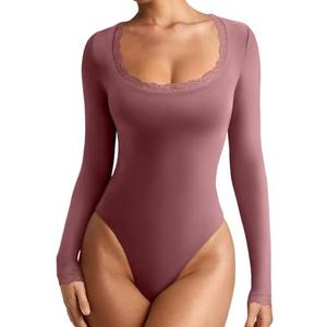 REORIA Women's Sexy Lace Scoop Neck Long Sleeve Double Lined Layering Slim Bodysuit Tops, Small