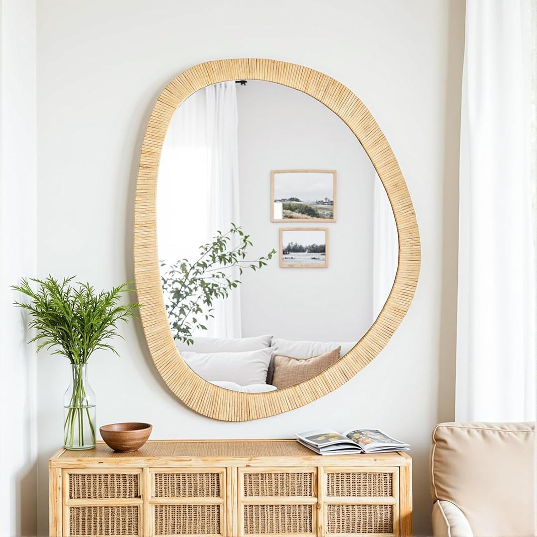 sawsile Rattan Mirror, 31.5x25.2 Irregular Boho Bathroom Rattan Farmhouse Wicker Asymmetrical Wood Wall Mirror for Nursery, Bathroom, Living Room, Washroom