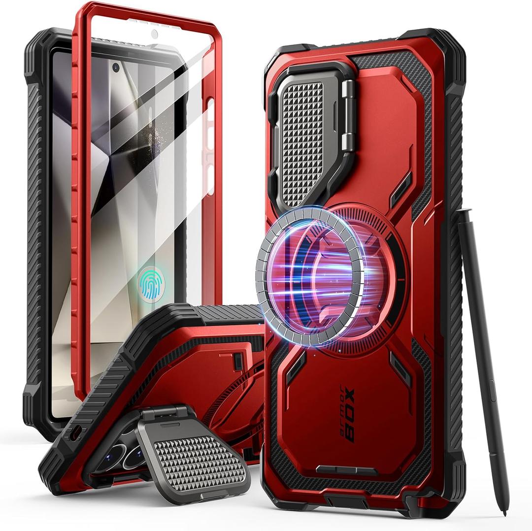i-Blason Armorbox for Samsung Galaxy S25 Ultra Case MagSafe with Camera Cover Stand [Support Wireless Charger] 360 Full-Body Case with Screen Protector & Kickstand Phone Case for S25 Ultra, Red