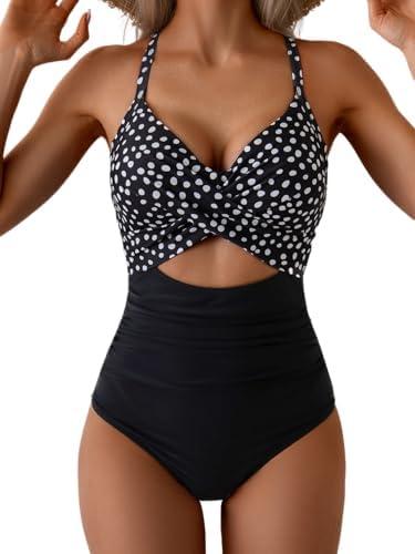 Eomenie Women's One Piece Swimsuits Tummy Control Cutout High Waisted Bathing Suit Wrap Tie Back 1 Piece Swimsuit, Medium, Black Polka Dots