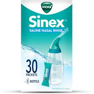 Vicks Sinex Saline Nasal Rinse Starter Kit, Drug Free Saline, Flush Out Mucus and Allergens, Fast & Effective Relief for Everyday Congestion from Sinus & Allergy, 1 Bottle + 30 Refill Packets