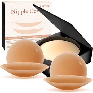 Nipple Covers for Women–2 Pairs Reusable Silicone Pasties, Adhesive&Waterproof, No Show Design with Travel Box (Beige)