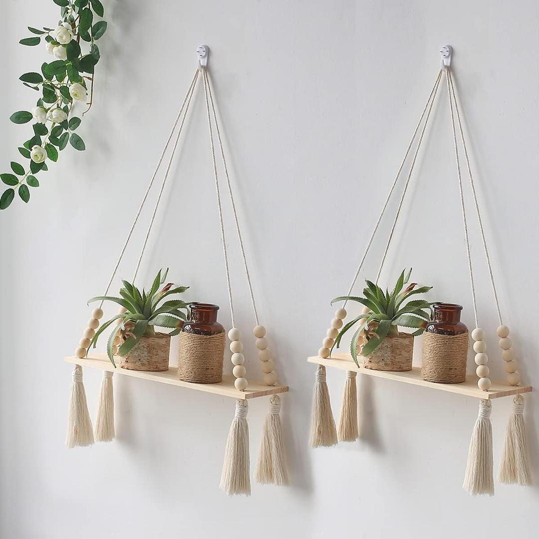 Artilady 2 Pack Wooden Wall Hanging Shelves - Macrame Hanging Plant Shelf with Tassel,Boho Storage Floating Shelves Handmade Rustic Hanger Planter Rack Pot Stand Holder