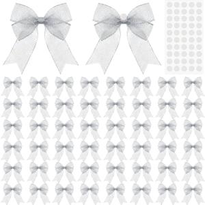 50 Pcs 3.33.3" Valentines Gift Bows for Crafts with Glue Points Wrap Bows Mesh Ribbon Gift Boxes Bag Packaging Wedding Hawaii Party Supplies Decoration DIY Crafts(Silver)