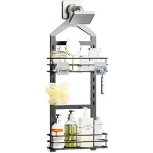 Orimade Adjustable Anti-slip Shower Caddy over Head, Rustproof Bathroom Hanging Organizer with 2 Hooks for Razor, No Drill Shower Shelves Storage Rack 2 Tier, Grey