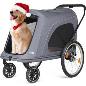 R8 Pro Extra Large Foldable Pet Stroller, Dog Stroller & Pet Trailer for Large Dogs Under 100 lbs, Unmovable, Disabled & Pregnant Dogs - Conveniently Carriable by Bike and Car, Grey