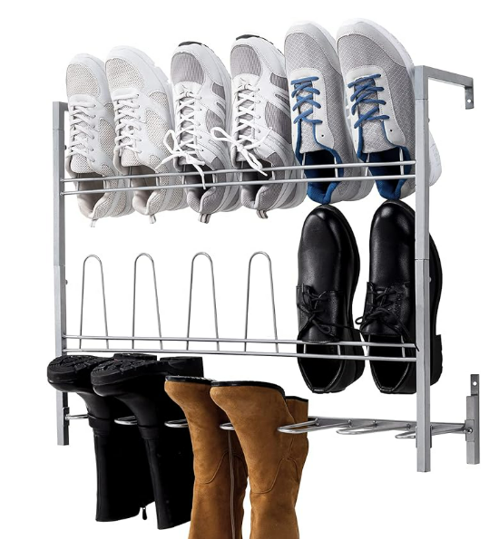 MyGift Premium Silver Metal Hanging Wall Shoe Rack for Walk in Closet, Mudroom and Entryway, Wall Mounted Space Saving Boot and Shoe Rack Organizer, Holds 9 Pairs