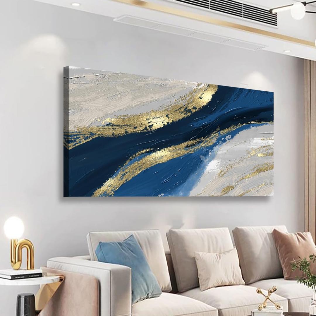 Golden Abstract Wall Art Bedroom Wall Decor Living Room,Blue Canvas Wall Art Office Farmhouse Paintings Artwork Modern Blue White Boho Wall Art Prints Pictures 20 * 40inch (40L" x 20W", Golden Blue Abstract)