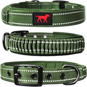 Heavy Duty Dog Collar With Handle | Ballistic Nylon Heavy Duty Collar | Padded Reflective Dog Collar With Adjustable Stainless Steel Hardware | Convenient Sizing for All Breeds (Medium/Large (14 - 18" Neck), Olive)