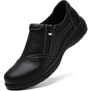 QAE Loafers for Women Comfort Women's Penny Loafers with Zipper Orthopedic Lightweight Slip-On Flats Casual Work Dressy Walking Business Shoes (10, Black)